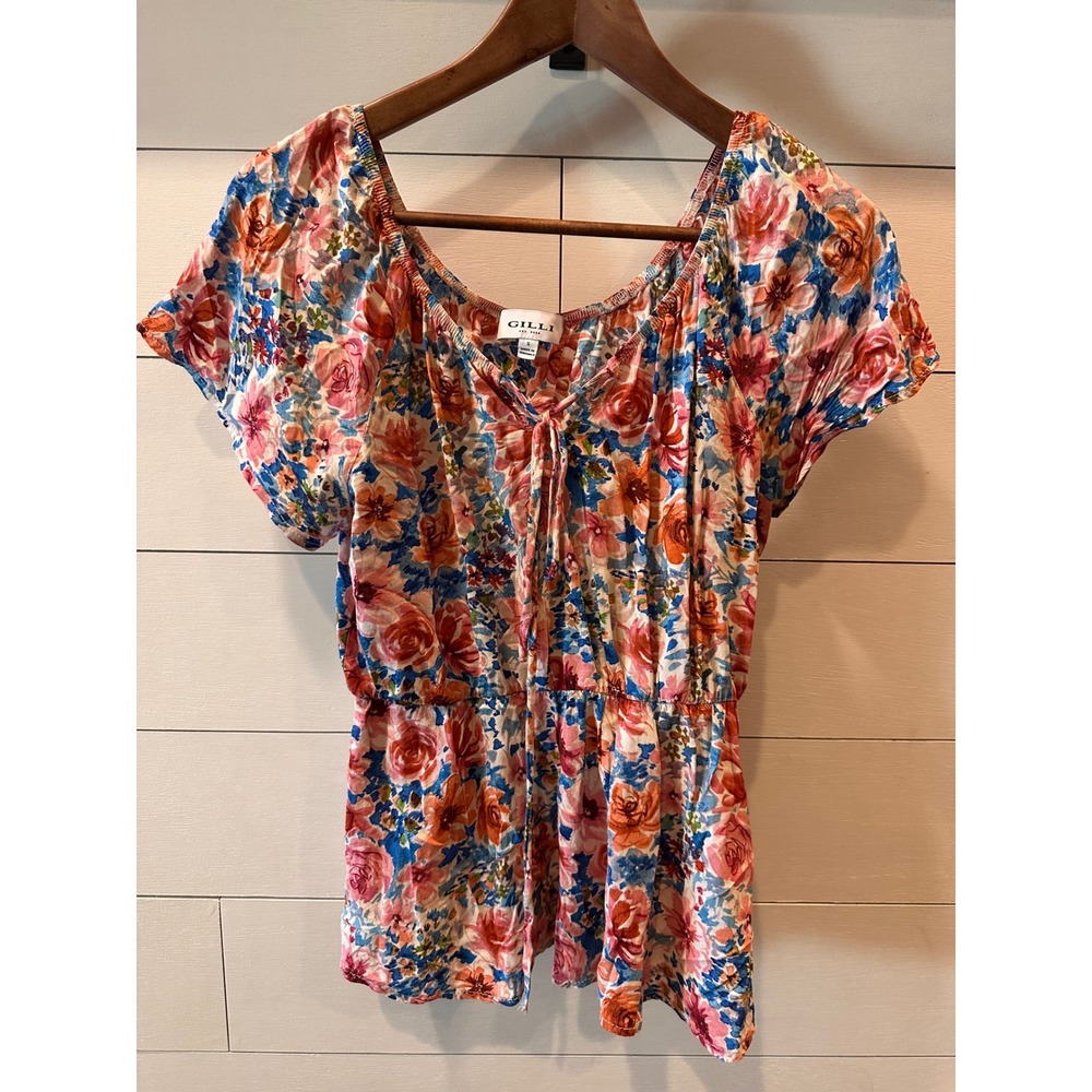 Gilli Floral Short Sleeve Cinched Waist Tie Neck Blouse Pink Blue Orange Small